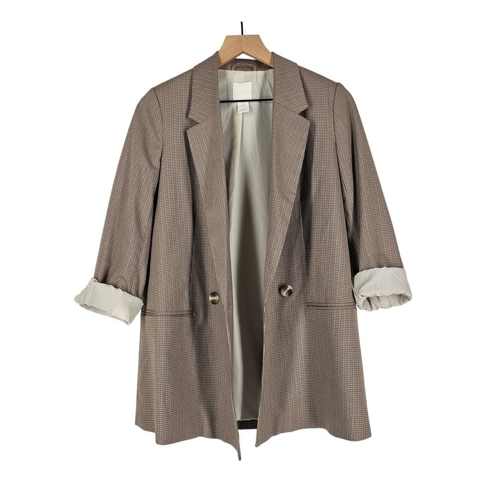 H&M WOMEN'S TAILORED BROWN PLAID LONG SLEEVE BLAZER SIZE X-SMALL